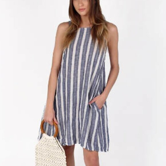 CP Shades - Jacqui Linen Trapeze Dress, Blue Stripe, Signature Dress - Med - Picture 1 of 13